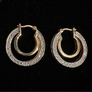 Sterling Silver W/ Gold Wash Double Hoop Earrings Diamond Chip